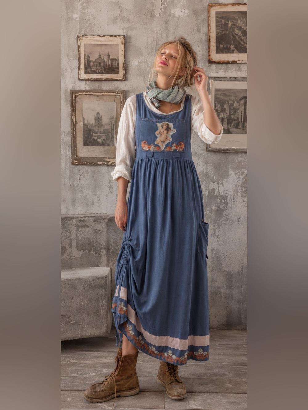 “Angel of Love “ Hand Crafted Navy Blue Maxi Dress with Pink & Orange Accents - Picture 2 of 6